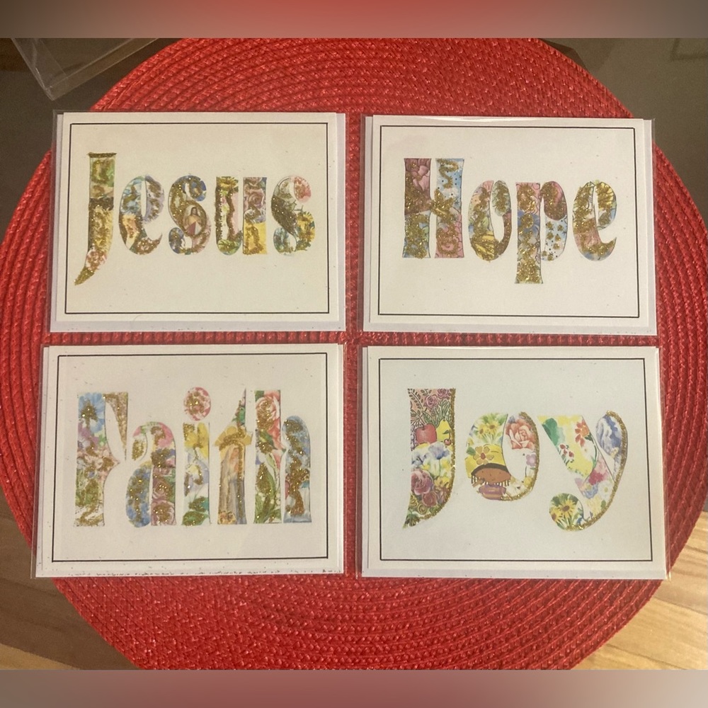 Handmade Set 4 Blank Notecards - Jesus~Faith~Hope~Joy Size A2 Christian Gift
